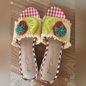Betsey Johnson Red and Yellow Straw Slide Sandals